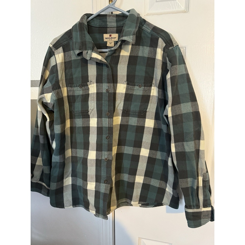 Woolrich Green Tan Plaid Long Sleeve Button Up Shirt Size 2XL Women's Thick Warm